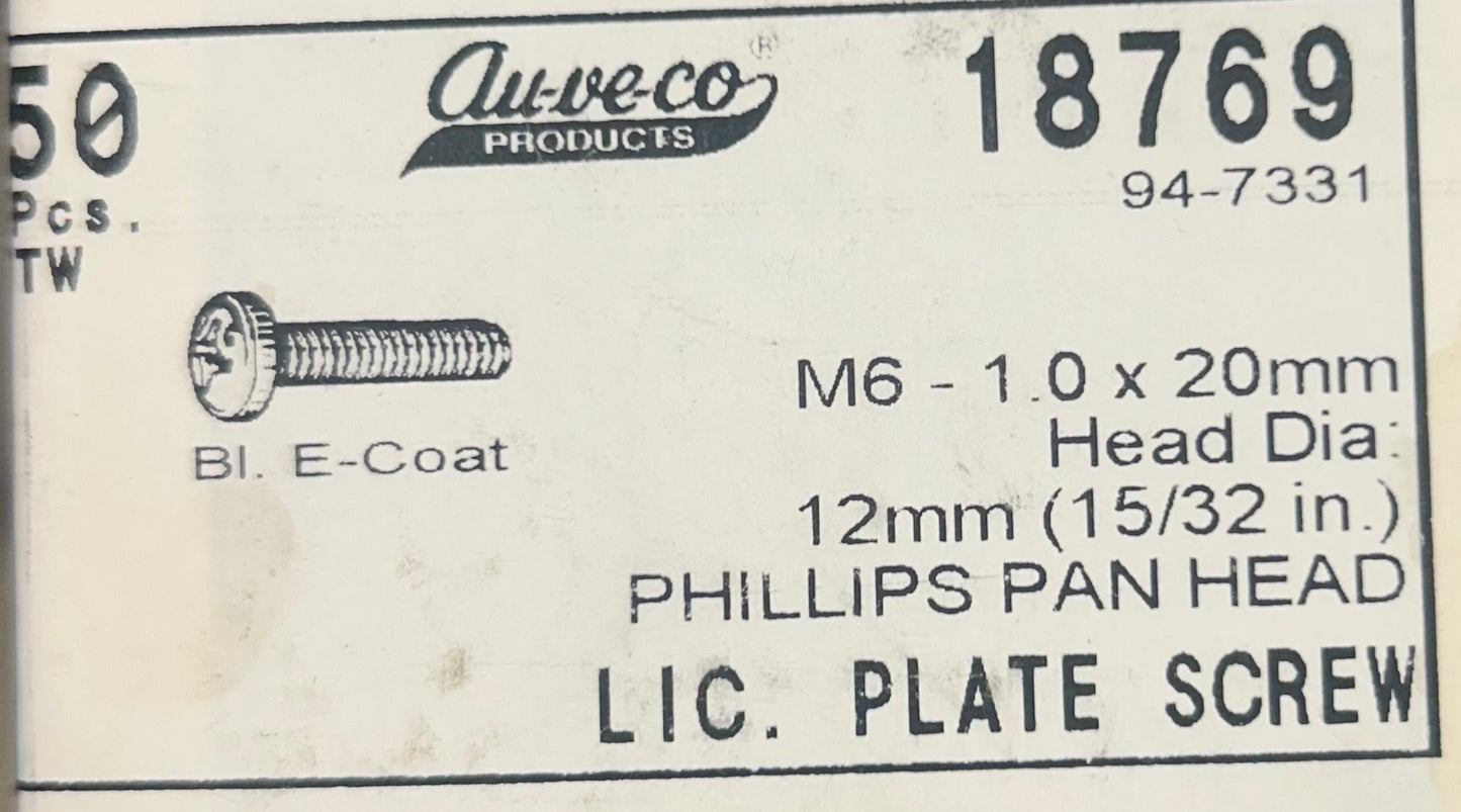 Auveco #18769 Phillips Pan Head. License Plate Screw